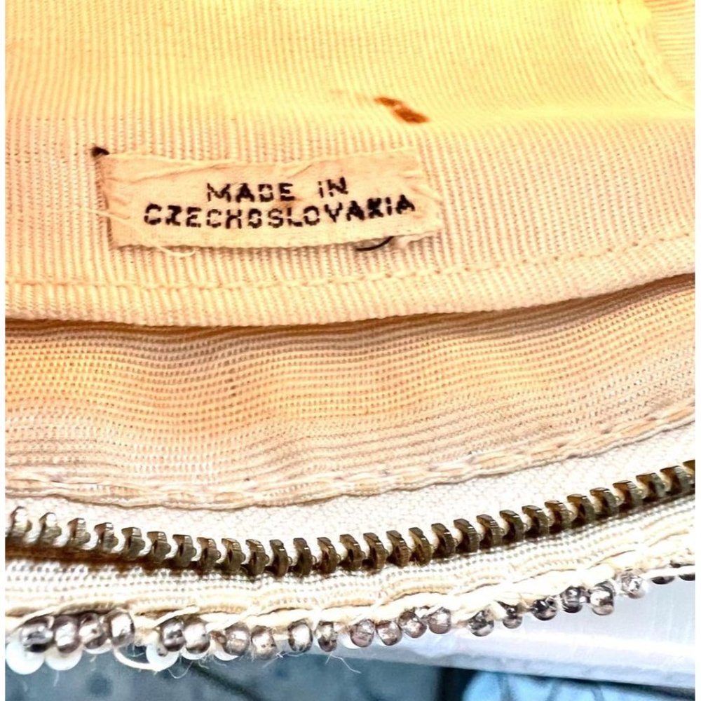 Vintage Art Deco Beaded Purse Bag Czechoslovakia Cream Brown Geometric Patterns - Picture 4 of 6